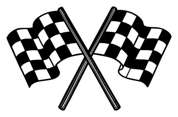Detailed Pair of Crossed Checkered Racing Flags Black and White Outline Line Art Drawing Vintage Engraving Style