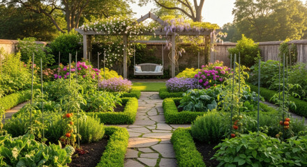 Naklejka premium A classic garden with green vegetable beds, blooming shrubs, a small pergola, stone pathways, and a swing