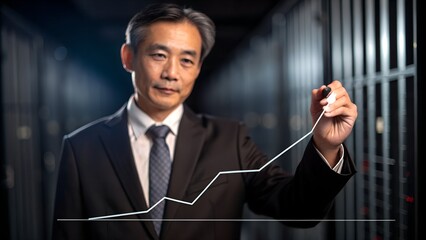 Asian businessman drawing a graph showing growth in front of jail cells.