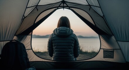 Female camper watching sunrise from tent by lake