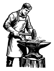 Blacksmith Working with Hammer on Anvil Simple Logo Black and White Outline Line Art Drawing