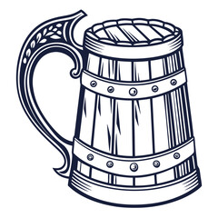 Vintage wooden beer mug with ornate handle isolated on white background