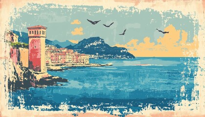 Italian Vintage Summer Print Stamp: Travel Beach Doodle Print With Grunge Postcard, Retro Travel Poster, And Hand-Drawn Cards For Italy Sea Vacation Mood.