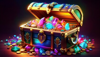 colorful treasure chest overflowing with gems and coins