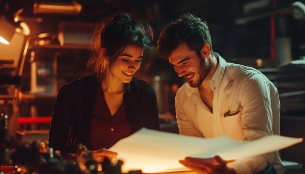 A man and a woman are smiling while looking at a large sheet of paper illuminated from below in what seems to be a workshop environment.