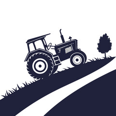 Silhouette of a vintage tractor on a grassy hill with a tree