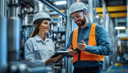 Two engineers, a man and a woman, wearing safety helmets and vests, review documents and discuss project details inside a factory.