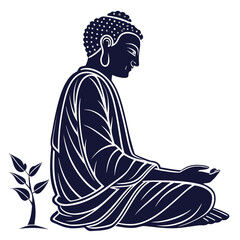Meditating buddha in traditional robe with a small plant