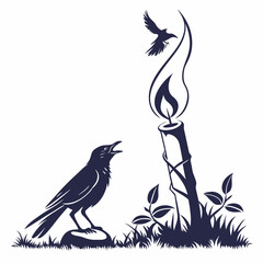 Silhouette of a crow calling to a bird flying near a burning candle