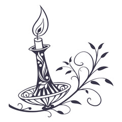 Ornate candle holder with floral swirls and burning flame