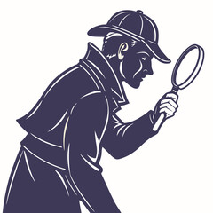 Fototapeta premium Detective in trench coat and hat examining with magnifying glass