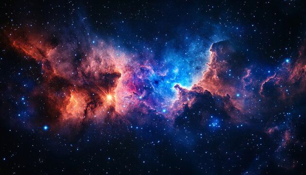 The illustration shows a nebula with red and blue clouds of gas and dust, scattered with bright stars against a dark background.