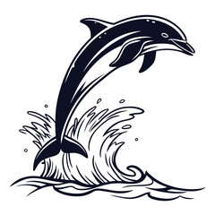 Stylized black and white illustration of a dolphin jumping out of a wave