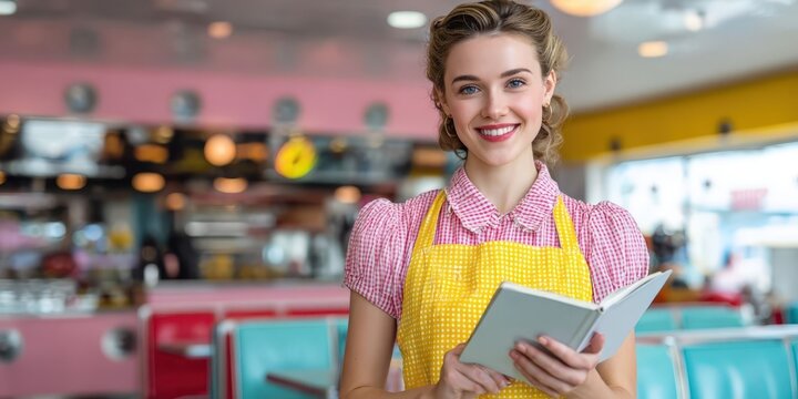 Smiling Woman in Pastel Apron Holding Notebook in Retro Diner - Powered by Adobe