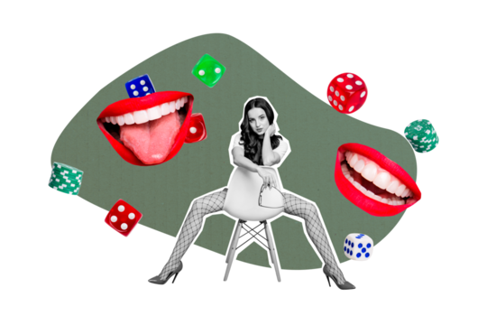 Trend artwork image collage of young woman silhouette sexy sit chair legs dice head mouth card play game gambling lucky blackjack casino