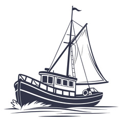 Stylized illustration of a dark blue fishing boat sailing on white water
