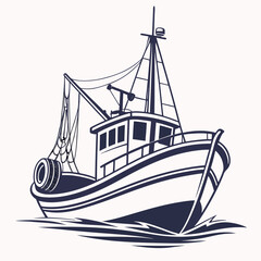 Fishing trawler boat with nets sailing on the water