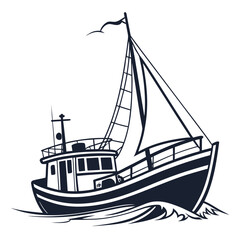 Stylized illustration of a fishing trawler sailing on wavy water
