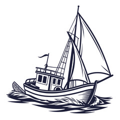 Stylized illustration of a fishing trawler sailing on choppy seas