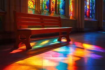 A wooden bench sits bathed in colorful light from stained glass windows within a sanctuary