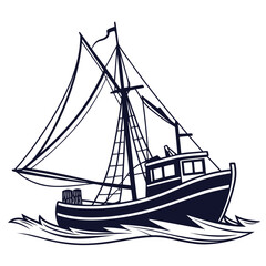 Stylized illustration of a dark blue fishing trawler boat sailing on waves