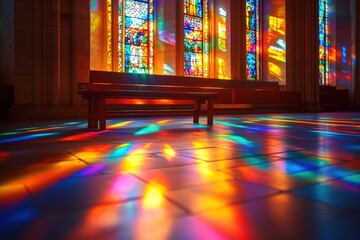 Colorful light streams from stained glass windows onto a bench and floor inside a building
