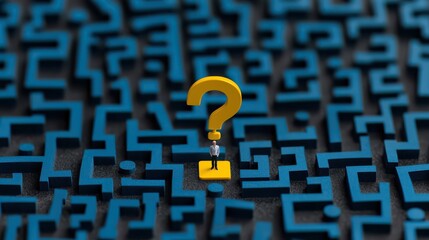 A miniature figure stands in a maze, highlighted by a large yellow question mark, symbolizing uncertainty and the quest for answers.