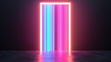 A vibrant, illuminated doorway with colorful vertical lines, creating a futuristic and immersive atmosphere against a dark background.