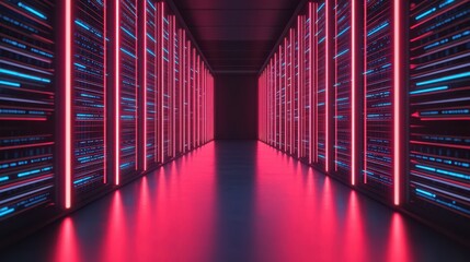 A futuristic data center corridor illuminated with neon lights, showcasing rows of data servers in a high-tech environment.