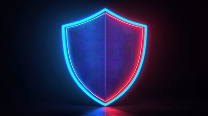 A glowing shield emblem in blue and red, set against a dark background, symbolizing protection and security.