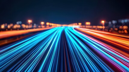 A vibrant night scene depicting streaks of colorful lights on a highway, capturing the essence of speed and dynamic movement.
