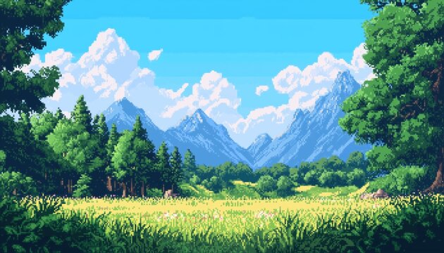 Retro Pixel Art 8 Bit Game Interface Featuring A Landscape Setting With Classic Graphics And Design Elements Reminiscent Of Old School Gaming.