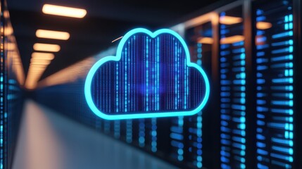 A glowing cloud symbol against a backdrop of data servers, representing cloud computing and digital technology.