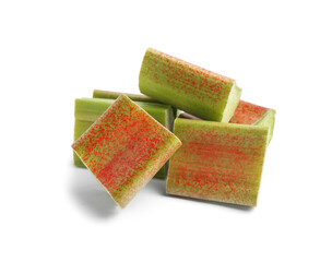 Pieces of fresh rhubarb isolated on white