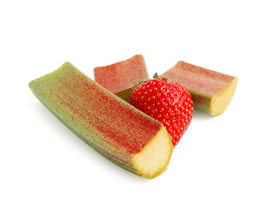Pieces of fresh rhubarb stalk and strawberry isolated on white
