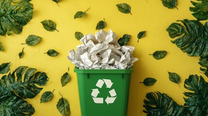 Green Recycling Bin Overflowing with Crumpled White Paper Surrounded by Green Leaves on Bright Yellow Textured Background