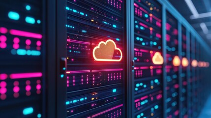 A futuristic server room with illuminated cloud icons, showcasing advanced technology and data storage systems in vibrant colors.