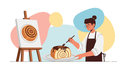 Artistic baker decorates cinnamon roll while painting a canvas in a charming studio setting