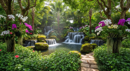 Fototapeta premium A tropical garden with a waterfall, rocks, trees, palm plants, shrubs, and orchids. Small pathways made of tiles for walking