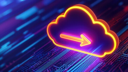 A vibrant digital illustration of a cloud symbol with an arrow, representing cloud computing and data transfer against a futuristic background.