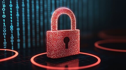 A digital padlock made of glowing dots, set against a backdrop of binary code, symbolizes cybersecurity and data protection.
