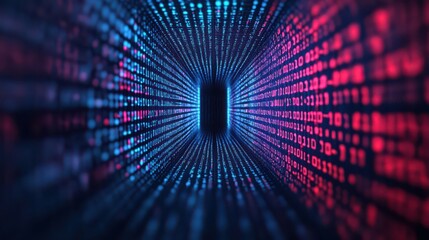 A mesmerizing digital tunnel of binary code, showcasing vibrant blue and red hues, representing technology and data flow.