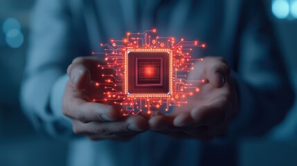 A person holds a glowing microchip surrounded by intricate circuits, symbolizing technological advancement and innovation.