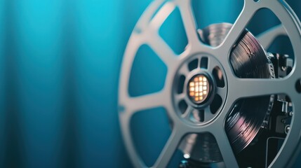 A close-up of a film reel highlighted by soft blue lighting, showcasing intricate details of the film and the reel's design.