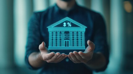 A person holds a holographic image of a bank building symbolizing finance and digital innovation in a modern setting.