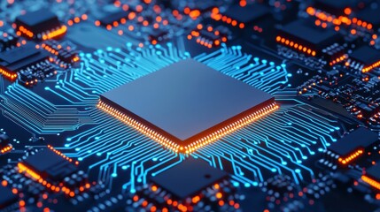A close-up view of a circuit board featuring intricate patterns and glowing orange elements