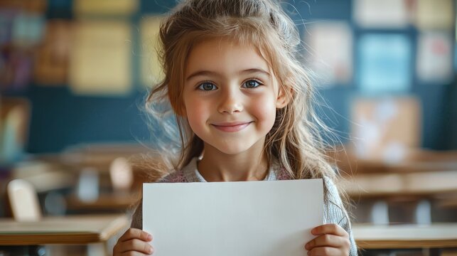 Adorable Little Girl Holding Blank White Paper in Classroom Setting, Smiling Portrait for Educational and Advertising Purposes