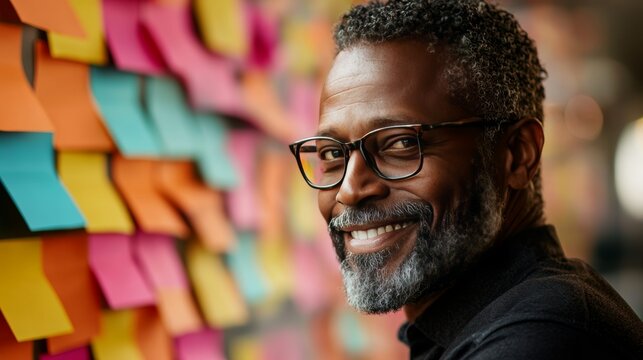 Smiling African American Man with Glasses Standing Near Colorful Sticky Notes Wall in Creative Office, Close Up Portrait