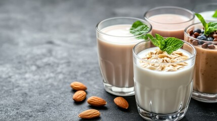 Assorted nut milk drinks in glasses with almonds and mint on a dark surface