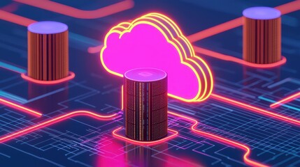 A vibrant digital representation of cloud computing, featuring cloud symbols and data storage units, connected by neon circuits in a tech-inspired design.